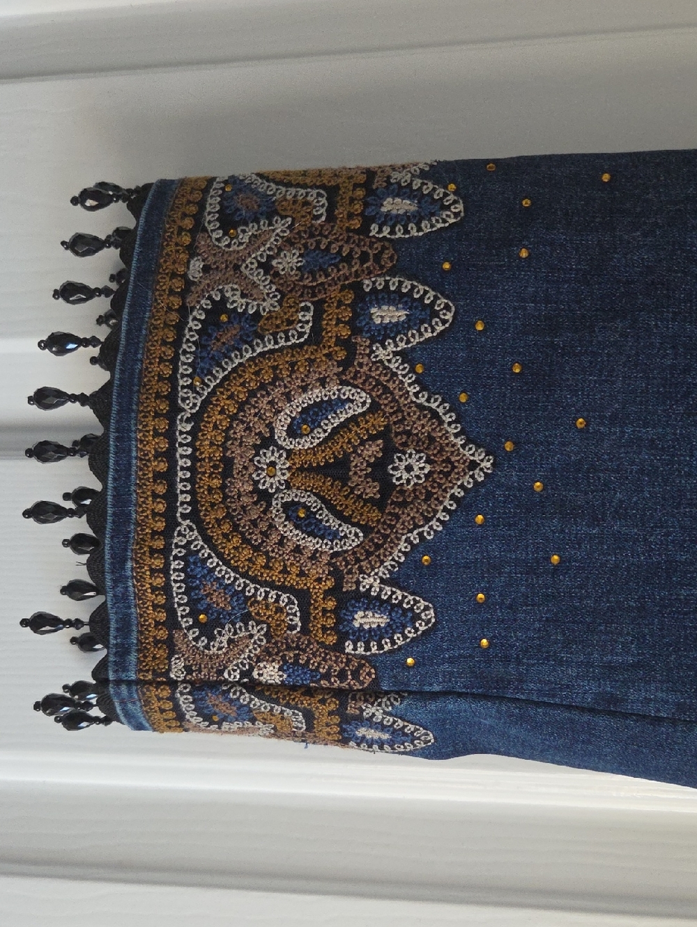 Chicos Dark Blue Jeans with Gold & White Embroidery and Beaded Fringe